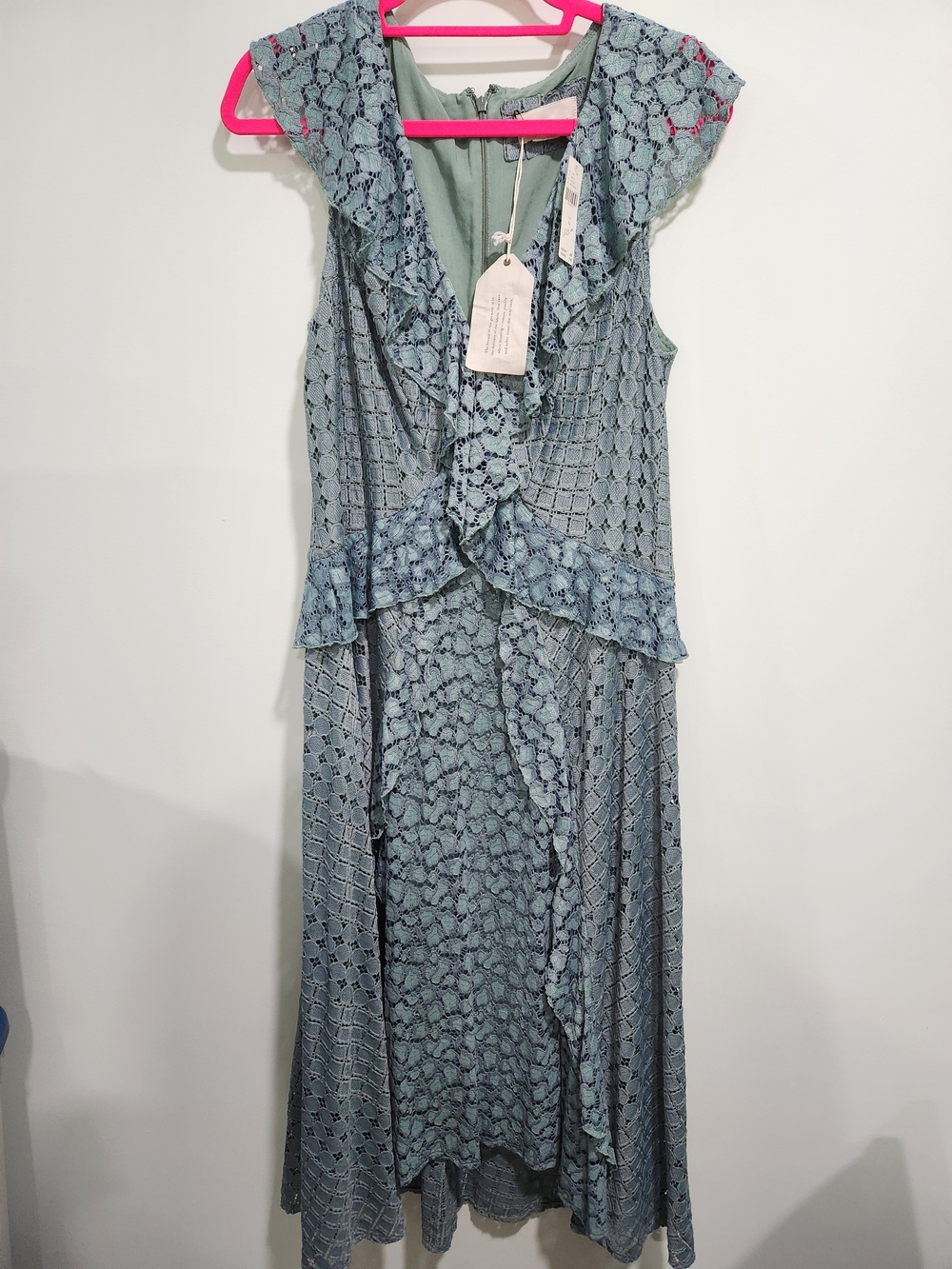 Anthropologie Dusty Blue Lace Ruffle Midi Dress